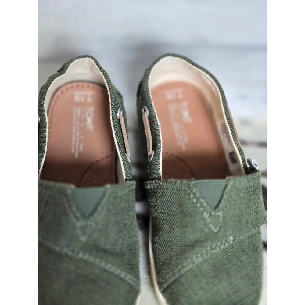 TOMS Kids Bimini Olive Green Canvas Slip On Boat Shoes Hook Loop Size 10